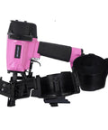 Badass 15 Degree Roofing Nailer With Smooth Low Recoil Design Built For Wire Collated Nails From Three Quarters To One And Three Quarters Inches, pink color.