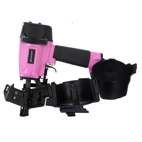 Badass 15 Degree Roofing Nailer With Smooth Low Recoil Design Built For Wire Collated Nails From Three Quarters To One And Three Quarters Inches, pink color.