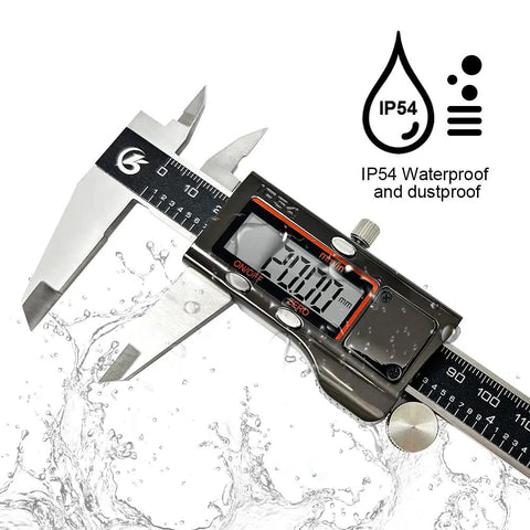 Digital Caliper Measuring Tool Built Tough With IP54 Waterproof Stainless Steel Body 6 Inch 150mm Electronic Vernier Caliper With Large LCD Screen Smooth Sliding Dirt And Oil Proof High Precision For DIY And Pro Use shown in water splash with IP54 rating symbol.