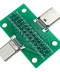 USB C Breakout Test Board 2 Pack Solderless Pins 24 Pin 2.54mm Double Sided Socket With Pin Header Connector For Date Line Wire Cable Transfer Type C Male To Female Plug And Play Ready, top view showing green circuit board and USB connectors.
