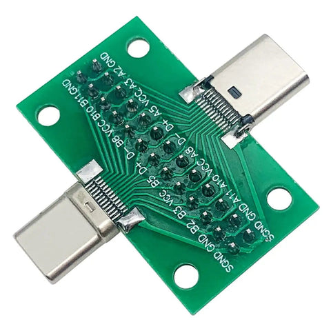 USB C Breakout Test Board 2 Pack Solderless Pins 24 Pin 2.54mm Double Sided Socket With Pin Header Connector For Date Line Wire Cable Transfer Type C Male To Female Plug And Play Ready, top view showing green circuit board and USB connectors.