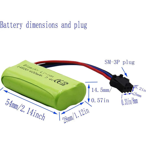 7.4V 2S 600mAh RC Battery With SM-3P Plug And Cable, 4.44Wh, 10C Discharge, Lightweight LiPo Pack dimensions and SM-3P plug
