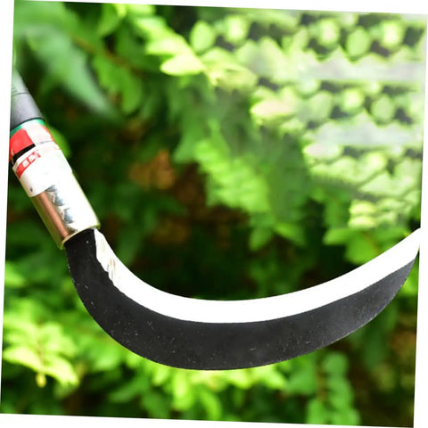 Close-up of manganese steel sickle blade and ergonomic handle, part of the Manganese Steel Sickle Set With Ergonomic Handle, Two Pack For Gardening.