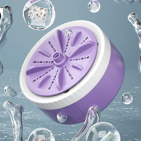 Portable Mini Washing Machine With USB Rechargeable Cordless Setup For Dorm And Travel Featuring Dual Turbine Agitator and suction base in water.