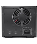 Slick Heavy Duty Dual Bay Hard Drive Enclosure For 3.5 Inch SATA Drives With USB C Thunderbolt Support, rear view showing fan and ports.