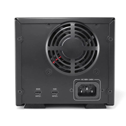 Slick Heavy Duty Dual Bay Hard Drive Enclosure For 3.5 Inch SATA Drives With USB C Thunderbolt Support, rear view showing fan and ports.