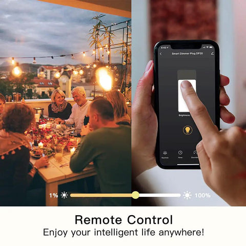 Smart Dimmer Plug For Dimmable Lamps And Lights, 300W Max, Dual Outlets, 2.4GHz WiFi Only, smartphone app interface demonstration