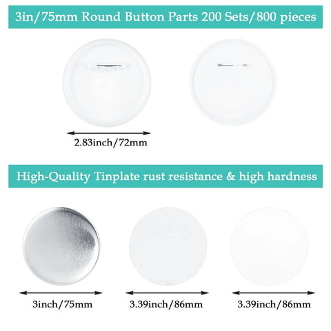 Three Inch Button Maker Kit With 800 Pieces Of Button Parts showing 75mm round button components and clear films