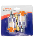 Hella Heavy Duty Water Oil Separator Filter For Air Compressor Built Different With Quarter Inch NPT Threads And Quality Brass Fittings Kicks Condensation Out Smoothly Connects To Spray Guns And Pneumatic Gear Pack Of Two in packaging showing two filters with brass fittings and orange tops.