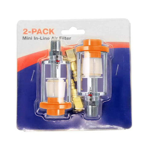 Hella Heavy Duty Water Oil Separator Filter For Air Compressor Built Different With Quarter Inch NPT Threads And Quality Brass Fittings Kicks Condensation Out Smoothly Connects To Spray Guns And Pneumatic Gear Pack Of Two in packaging showing two filters with brass fittings and orange tops.