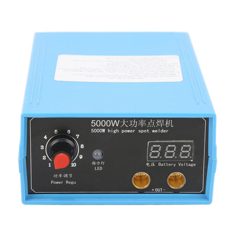 Portable Battery Spot Welder Powerhouse 5000W Output with digital display and blue casing.