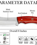 Diagram of Enterprise Handmade Fixed Blade Hunting Knife With Stainless Steel Blade And Red Wood Handle, showing blade details.