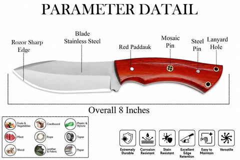 Diagram of Enterprise Handmade Fixed Blade Hunting Knife With Stainless Steel Blade And Red Wood Handle, showing blade details.