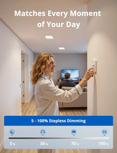 Person adjusting dimmer for Four Pack 11 Inch Square LED Recessed Ceiling Light No Hassle 5CCT 2700K To 5000K Dimmable 24W 1920LM