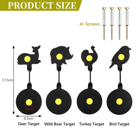 Metal Spinning Targets With Auto Reset For BB Guns And Air Rifles, 4 silhouette targets deer bird turkey wild boar shown