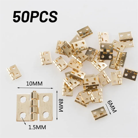 Mini Brass Hinges Set, 50 pack for small craft doors and boxes, durable 10mm x 8mm x 1.5mm metal hardware for mini furniture