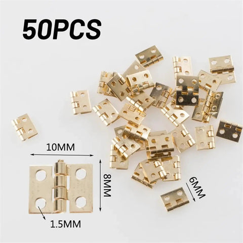 Premium Brass Mini Hinges For Cupboards Display Cabinets Slick Gold Finish Top Notch Small Door Hardware Smooth Swing Design Dead Set Perfect For Craft Box Accessories 8 X 10 Mm 50 Piece Kit, set of 50 miniature brass hinges.