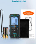 Ultra Accurate Laser Tape Measure 328 Feet With Dual Bubble Levels, Portable Digital Distance Tool, Quick Measurements In Inches Feet Meters, Laser Measure With 5 Unit Conversions. Product list with handheld laser meter, batteries, pouch, lanyard, manual.
