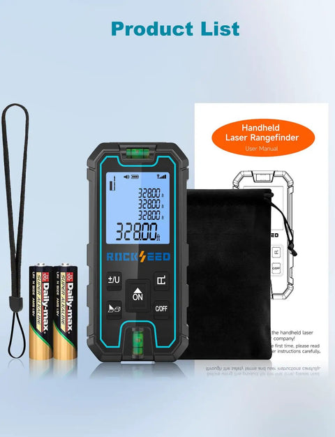 Ultra Accurate Laser Tape Measure 328 Feet With Dual Bubble Levels, Portable Digital Distance Tool, Quick Measurements In Inches Feet Meters, Laser Measure With 5 Unit Conversions. Product list with handheld laser meter, batteries, pouch, lanyard, manual.