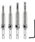 Dead On Self Centering Hinge Drill Bit Set For Doors And Cabinets With Spring Loaded Guide No Sweat Pilot Hole Setup On Every Cabinetry Makeover Or Home Repair Job With Hex Tool, includes 4 brass bits 5/64 to 11/64 inches.