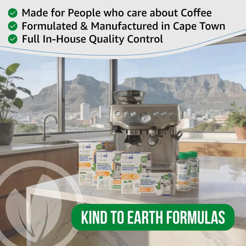 Espresso Machine Cleaning Tablets 10 Pack, 1.4g Each, with Breville machine, scenic background, and eco-friendly label.
