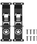 Heavy Duty Kickass Door Hinge Steps For Jeep Wrangler Jk Jku Roof Rack Access With Integrated Bottle Opener Rock Hard Serrated Grip Off Road Upgrade Pack Of Two, showing black steel steps with star design and screws.