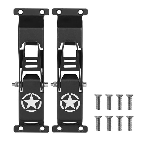 Heavy Duty Kickass Door Hinge Steps For Jeep Wrangler Jk Jku Roof Rack Access With Integrated Bottle Opener Rock Hard Serrated Grip Off Road Upgrade Pack Of Two, showing black steel steps with star design and screws.