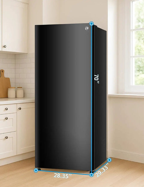 16.4 Cu Ft Convertible Refrigerator And Upright Freezer Energy Star Certified Auto Defrost Reversible Door Adjustable Glass Shelves Black Finish displayed in kitchen corner.