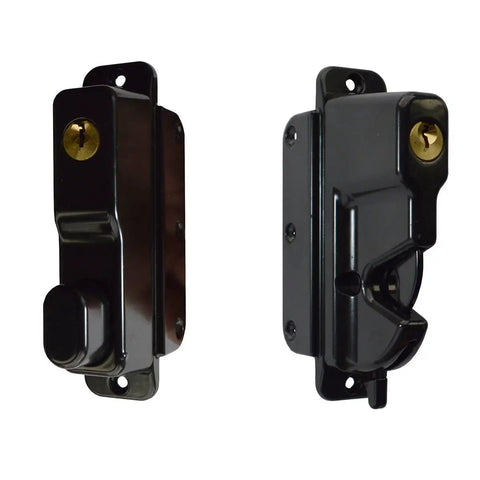 Heavy Duty Black Zinc Diecast Metal Gravity Latch With Key Lock And Keyed Alike Design visible from both angles for fence security.