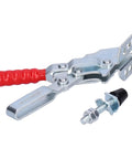 Heavy Duty Toggle Clamp Keeping Workpieces Locked Down Tight With Rock Solid Grip And Five Oh Seven Pound Clamping Force Adjustable Spindle Hold Down Hand Clamp For Woodworking Jigs Fixtures Drill Press And Welding Table with red handle and adjustable mount.