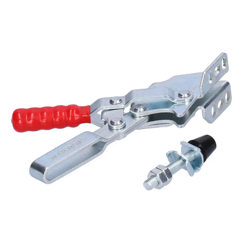 Heavy Duty Toggle Clamp Keeping Workpieces Locked Down Tight With Rock Solid Grip And Five Oh Seven Pound Clamping Force Adjustable Spindle Hold Down Hand Clamp For Woodworking Jigs Fixtures Drill Press And Welding Table with red handle and adjustable mount.