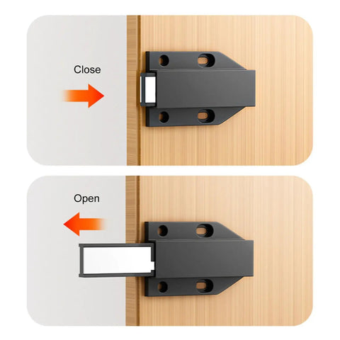 Grab These Slay Touch Activated Cabinet Door Catches With Secure 4 Point Fastening, showing open and close mechanism.