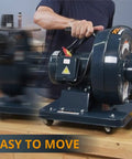 1 HP Portable Dust Collector With 560 CFM For Woodworking, person moving compact system on casters in workshop