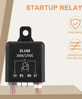 Heavy Duty 12 Volt Relay Switch 2 Pack 200 Amp SPST 4 Terminal Split Charge Starter Relay Built Tough Nylon Housing side view showing terminal layout.