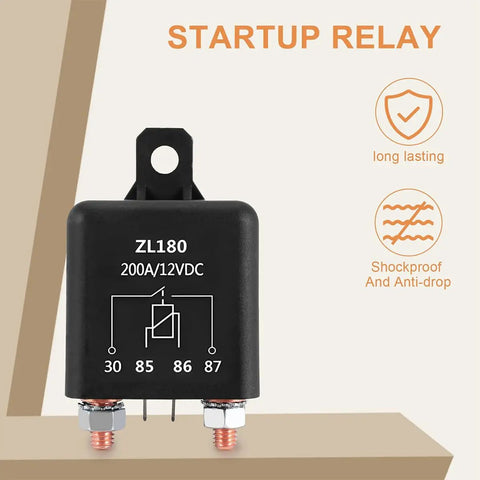 Heavy Duty 12 Volt Relay Switch 2 Pack 200 Amp SPST 4 Terminal Split Charge Starter Relay Built Tough Nylon Housing side view showing terminal layout.