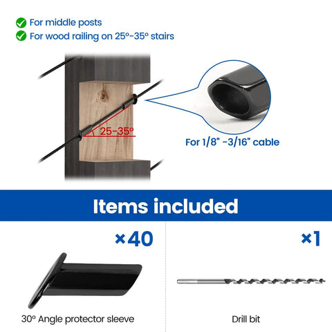 Upgraded 40 Pack Pro Grade Heavy Duty Cable Railing Angle Protector Sleeves For Wood Posts 25 30 35 Degree Fits One Eighth Inch Five Thirty Second Inch And Three Sixteenth Inch Cable Railing System Includes Drill Bit And Hardware with items included.