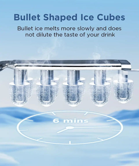 Portable Countertop Ice Maker With No Fuss Self Cleaning, delivers 9 bullet ice cubes in just 6 minutes with a cooling graphic.