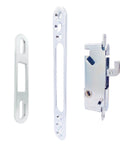Sliding Patio Door Lock With 45 Degree Keyway And Adjustable Bolt Projection, Round End Faceplate For Glass Doors, Narrow Stile Aluminum Or Wooden Doors, 22mm Backset, Zinc Plated, Includes Mortise Lock, Keeper, Screws And U Shape Frame Faceplate