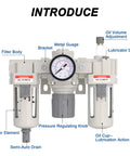 Three Eighths NPT Air Compressor FRL Filter Regulator Lubricator Combo front view with pressure gauge