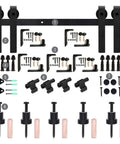 Sliding Barn Door Kit for Bypass Double Doors With Heavy-Duty J Shaped Rollers and Rail System, Easy Install hardware parts laid out