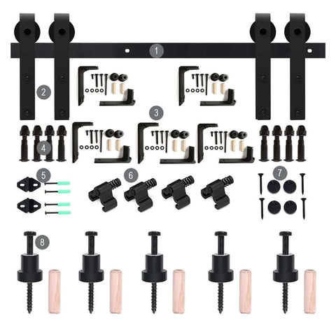 Sliding Barn Door Kit for Bypass Double Doors With Heavy-Duty J Shaped Rollers and Rail System, Easy Install hardware parts laid out
