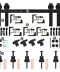 Bypass Barn Door Hardware Kit For Double Doors With J Shaped Rollers And Quiet Glide, components displayed, adjustable track hardware.