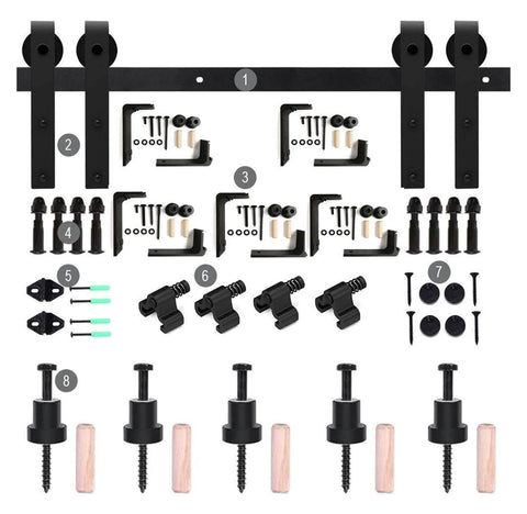 Bypass Barn Door Hardware Kit For Double Doors With J Shaped Rollers And Quiet Glide, components displayed, adjustable track hardware.