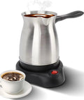 All In One Electric Turkish Coffee Maker With 600ml Capacity, Multifunction Espresso Tea Milk Pot on black base, coffee cup.
