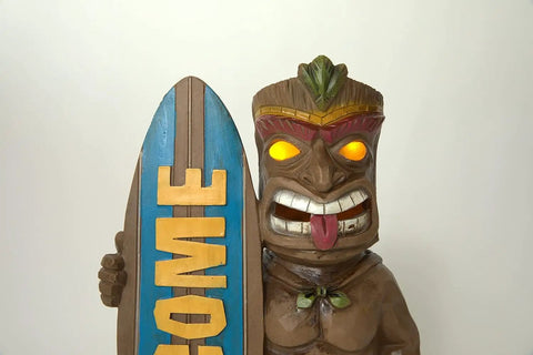 Welcome Tiki Statue With Surfboard Solar Powered 14 Inch Outdoor LED Light Decor for Beach Resort Halloween Auto On Flickering Eyes