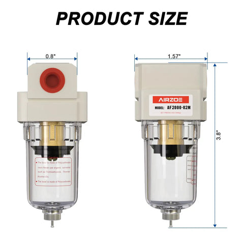 Workhorse Quarter Inch NPT Air Dryer For Compressor Water Separator AF2000 02 With Manual Drain, front and side view.