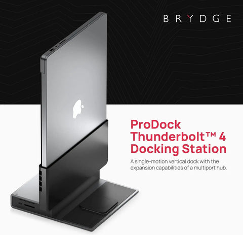 Dead Simple Vertical Thunderbolt 4 MacBook Docking Station Driving Two 4K Displays At 60Hz With Twelve Rock Solid Ports And Hella Fast 96 Watt Charging Plus Magsafe, viewed from side, showing laptop in vertical position.