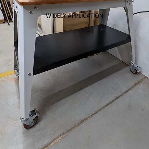 Heavy Duty Swivel Stem Castors with Red PU Wheels installed on a metal cart in a garage setting, non-marking, double locking