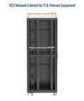 Heavy Duty 42U Server Rack Network Cabinet Built For 19 Inch Servers Featuring Secure Locking Mesh Doors showing cabinet dimensions.