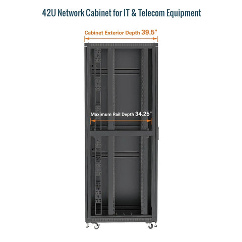 Heavy Duty 42U Server Rack Network Cabinet Built For 19 Inch Servers Featuring Secure Locking Mesh Doors showing cabinet dimensions.